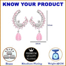 Rhodium Plated Peacock Feather Pink American Diamond Contemporary Long Drop Earrings