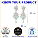 Rhodium-Plated Silver Toned Sea Green American Diamond studded Spiked Shaped Drop Earrings