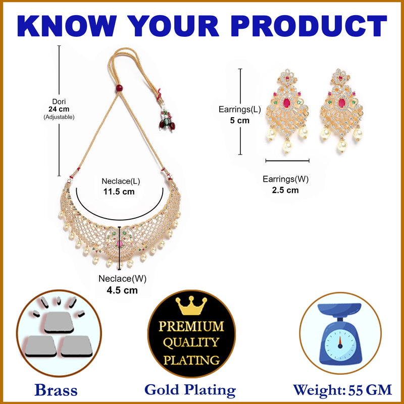 Floral Design Gold-Plated White Red and Green American Diamond-Studded & Drop Pearl Beaded Jewellery Set