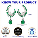 Rhodium Plated Peacock Feather Green American Diamond Contemporary Long Drop Earrings