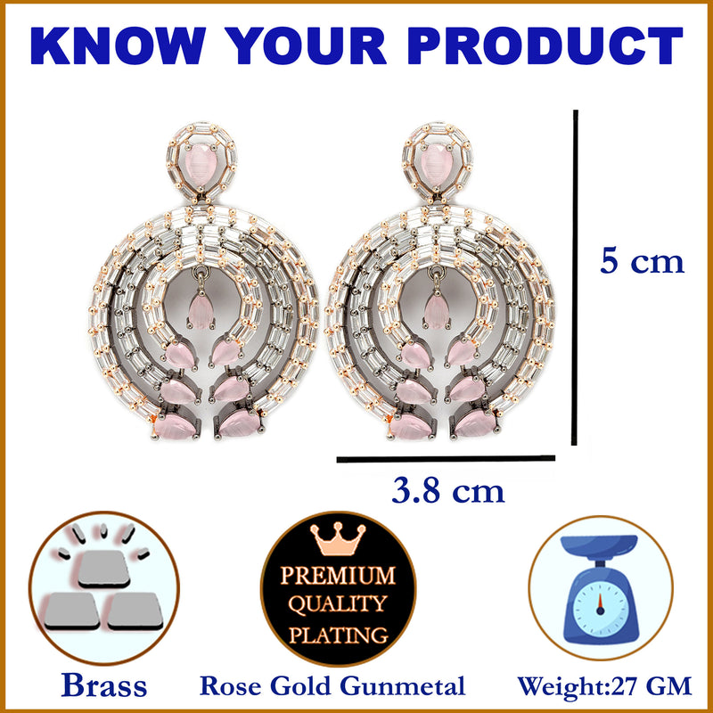 Rose Gold-Plated Gunmetal Toned Pink American Diamond Studded Circular Contemporary Drop Earrings