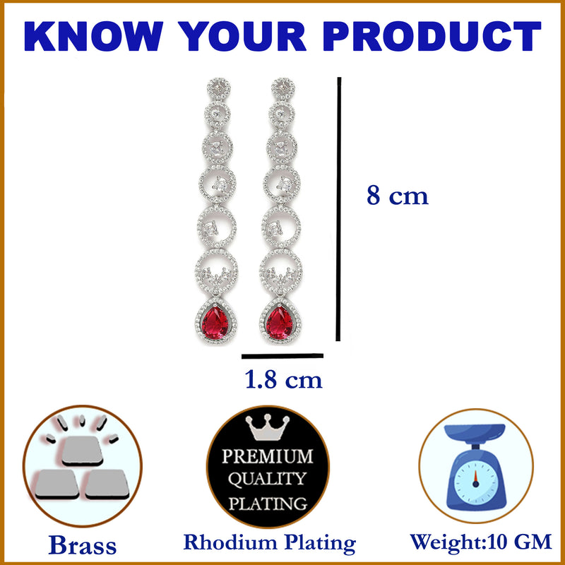 Rhodium-Plated Silver Toned Red & White American Diamond studded Circular Shaped Drop Earrings