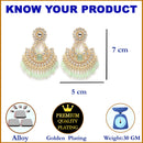 Gold-Plated Sea Green & White Kundan studded Crescent Shaped Chandbali Earrings