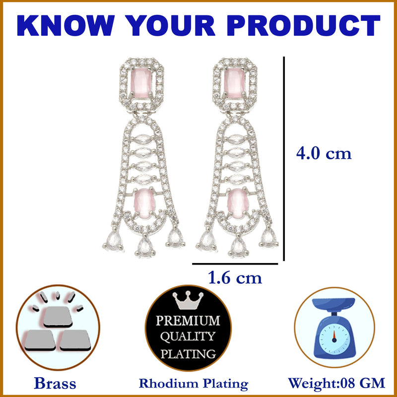 Rhodium-Plated Pink American Diamond studded Classic Contemporary Drop Earrings