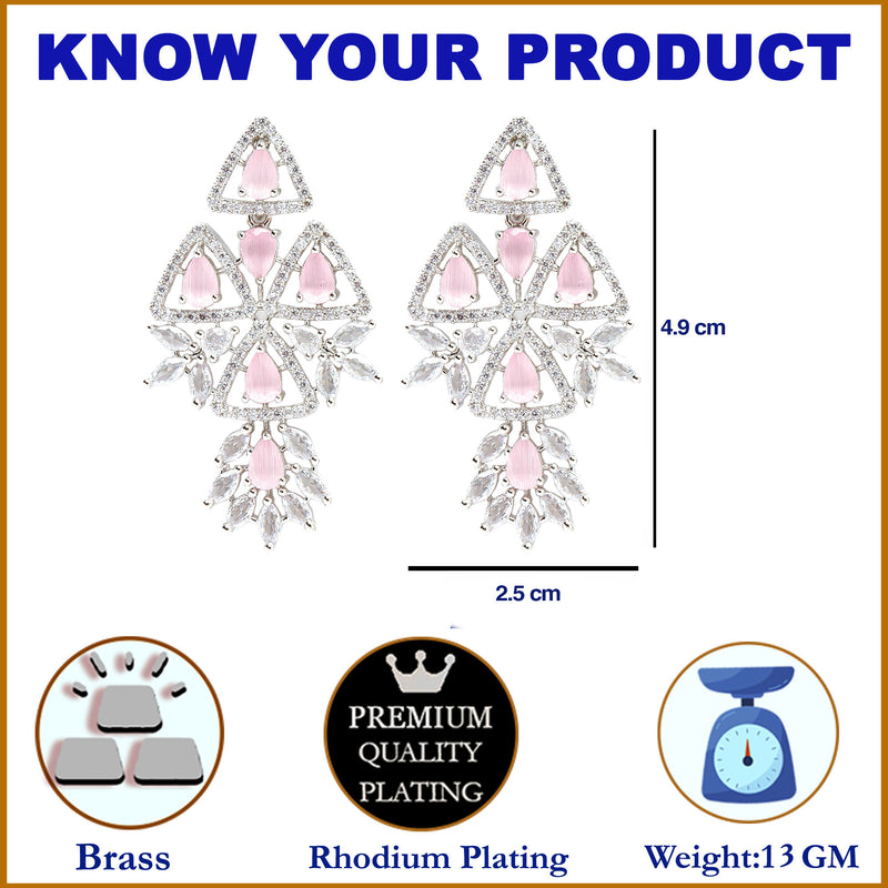 Rhodium-Plated Pink & White American Diamond studded Triangular Shaped Drop Earrings