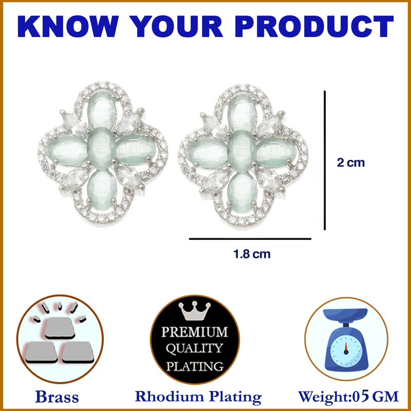 Rhodium-Plated Sea Green American Diamond studded Floral Shaped Stud Earrings