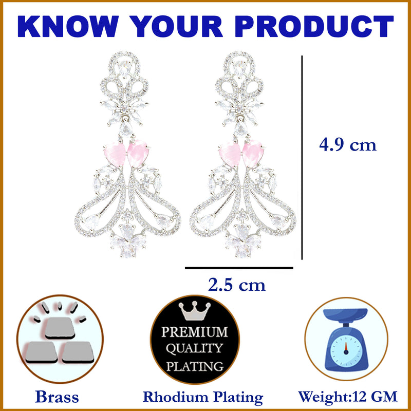 Rhodium-Plated Pink & White American Diamond studded Paisley Shaped Drop Earrings