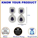 Rhodium Plated Square Blue American Diamond Contemporary Drop Earrings