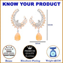 Rhodium Plated Peacock Feather Orange American Diamond Contemporary Long Drop Earrings