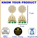 Gold-Plated Green Kundan & White Pearls studded Flower Shaped Vilandi Jhumka Earrings