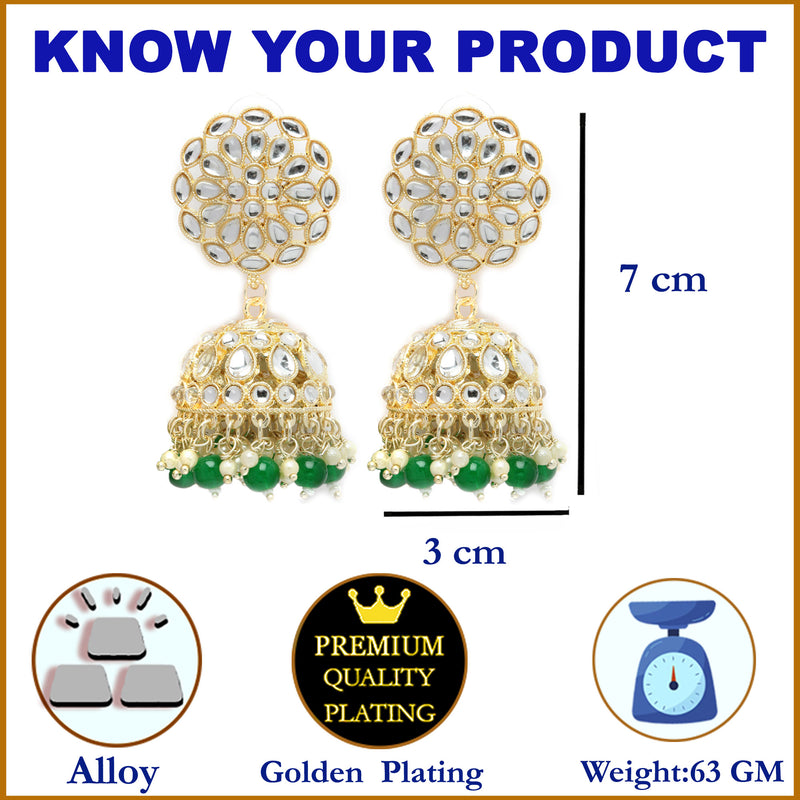 Gold-Plated Green Kundan & White Pearls studded Flower Shaped Vilandi Jhumka Earrings