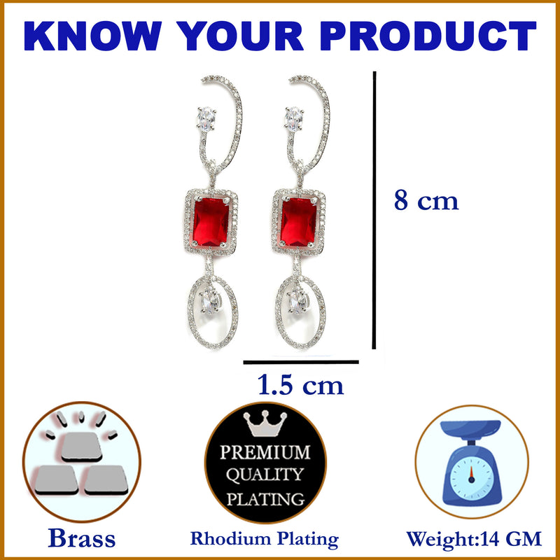 Red Geometric Shaped Rhodium-Plated with Silver-Tone Drop Earrings