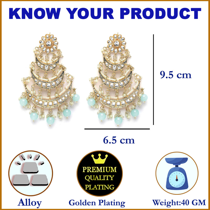 Gold-Plated Sea Green Pearls & Kundan studded Crescent Shaped Vilandi Drop Earrings