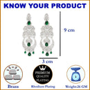Green & White Rhodium-Plated with Silver-Tone American Diamond Chandelier Earrings