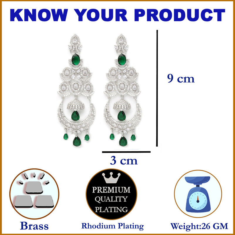 Green & White Rhodium-Plated with Silver-Tone American Diamond Chandelier Earrings