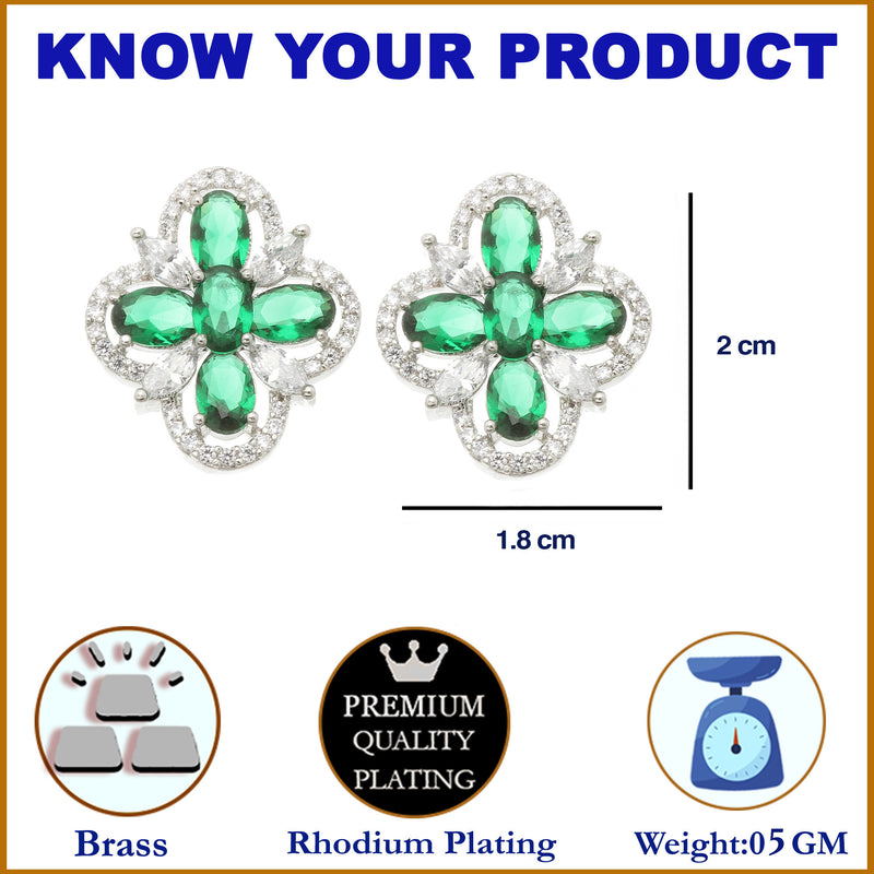 Rhodium-Plated Green American Diamond studded Floral Shaped Stud Earrings
