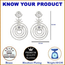 Rhodium Plated Circular White American Diamond Contemporary Long Drop Earrings