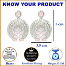 Rhodium-Plated with Silver-Tone Pink & White American Diamond Studded Circular Contemporary Drop Earrings