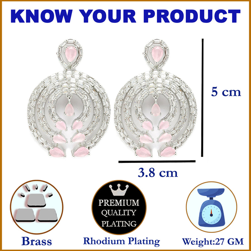 Rhodium-Plated with Silver-Tone Pink & White American Diamond Studded Circular Contemporary Drop Earrings