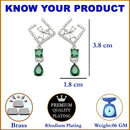 Rhodium-Plated Green & White American Diamond studded Square & Teardrop Shaped Contemporary Drop Earrings