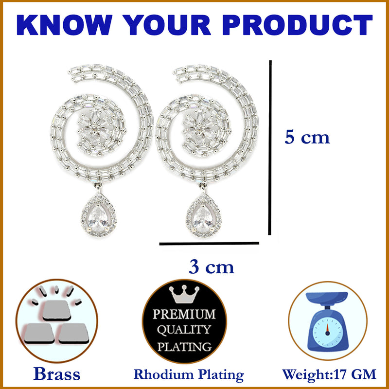 Rhodium-Plated with Silver-Toned American Diamond Circular Drop Earrings