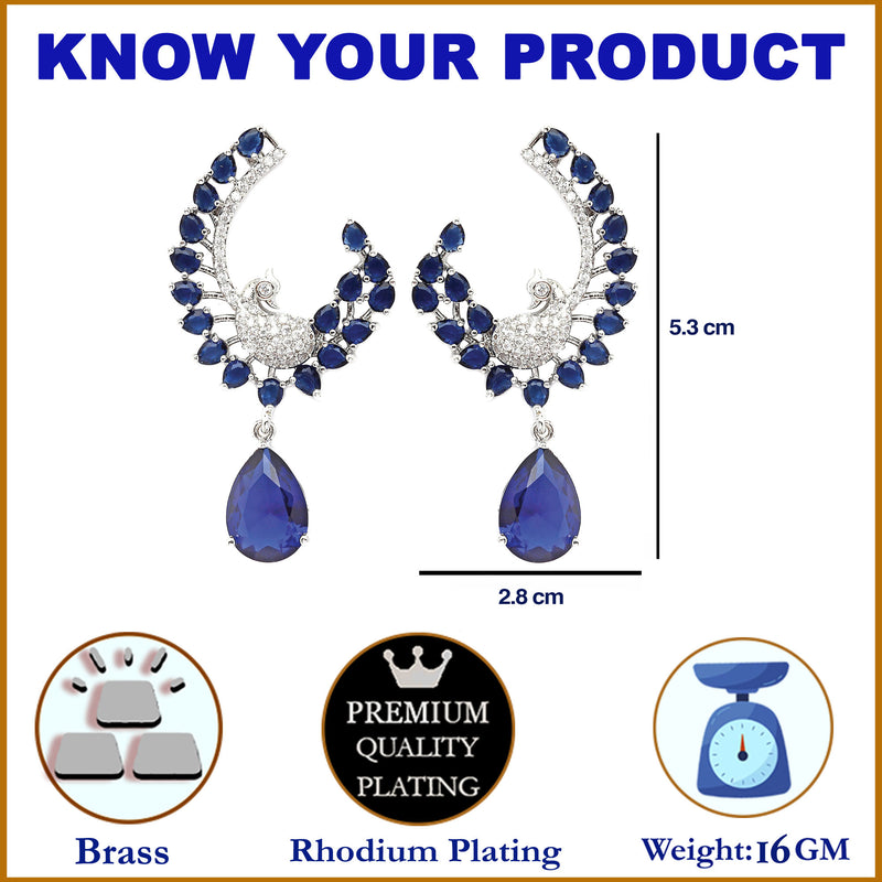 Rhodium-Plated Navy Blue American Diamond studded Peacock & Feather Shaped Drop Earrings