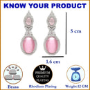 Rhodium-Plated Silver Toned Pink & White American Diamond studded Oval Shaped Drop Earrings