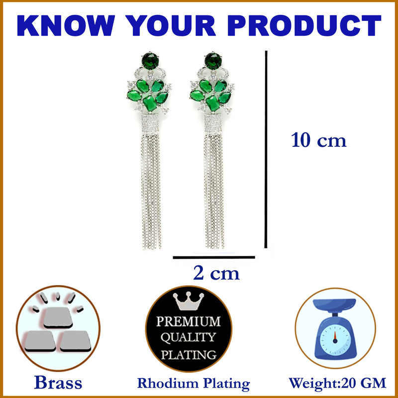 Green Rhodium-Plated with Silver-Toned American Diamond Contemporary Drop Earrings