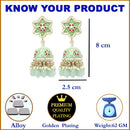 Gold-Plated Sea Green & White Kundan-Pearls studded Star Shaped Enamelled Jhumka Earrings