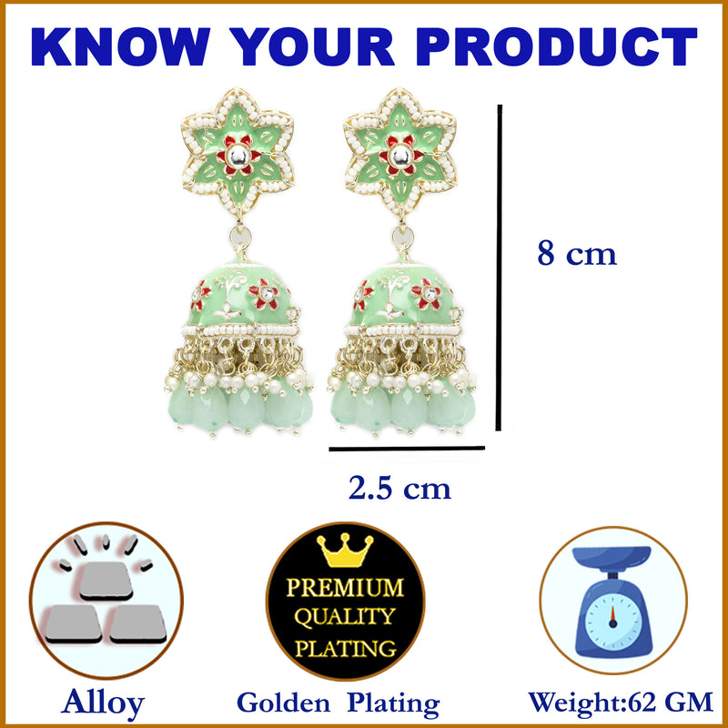 Gold-Plated Sea Green & White Kundan-Pearls studded Star Shaped Enamelled Jhumka Earrings