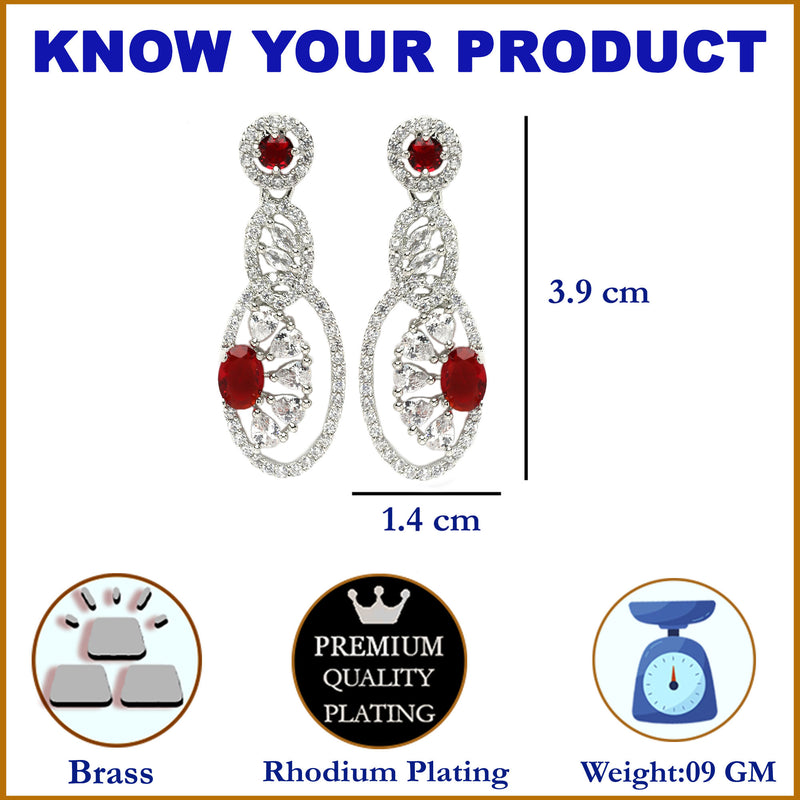 Rhodium-Plated Red American Diamond studded Oval & Quirky Shaped Drop Earrings