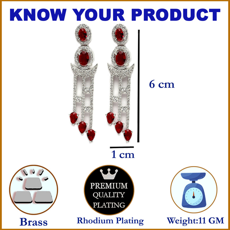 Rhodium-Plated Silver Toned Red & White American Diamond studded Crescent Shaped Drop Earrings