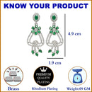 Rhodium-Plated Green & White American Diamond studded Floral Shaped Drop Earrings