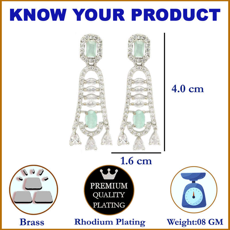 Rhodium-Plated Sea Green American Diamond studded Classic Contemporary Drop Earrings