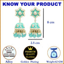 Gold-Plated Sky Blue & White Kundan-Pearls studded Star Shaped Enamelled Jhumka Earrings