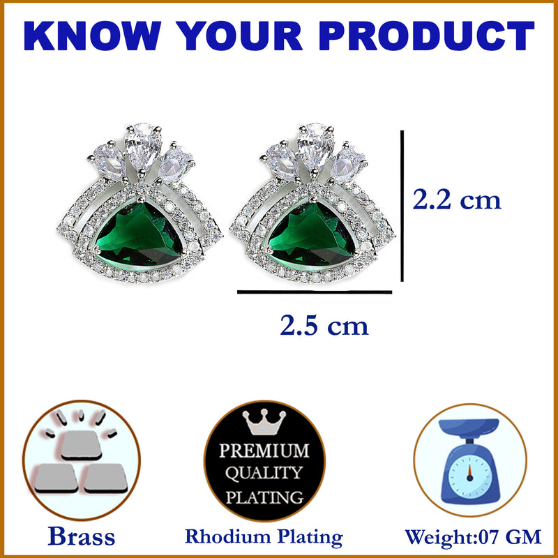 Green American Diamond Triangular Shaped Rhodium-Plated with Silver-Tone Studs Earrings