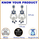 Rhodium-Plated Navy Blue & White American Diamond studded Floral Shaped Drop Earrings