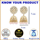 Gold-Plated Peach Kundan & White Pearls studded Flower Shaped Vilandi Jhumka Earrings