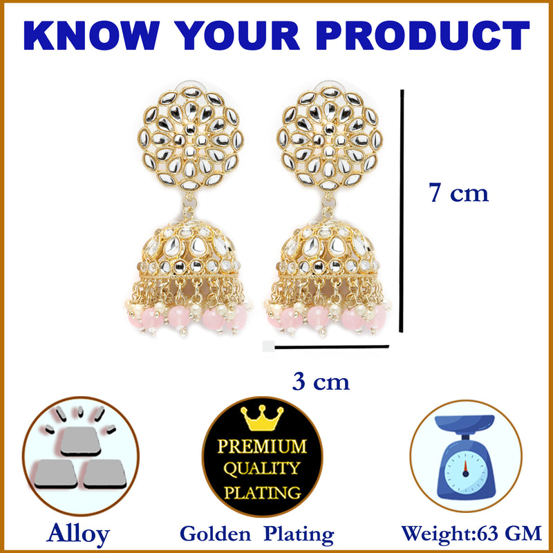 Gold-Plated Peach Kundan & White Pearls studded Flower Shaped Vilandi Jhumka Earrings