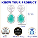 Rhodium-Plated Sea Green & White American Diamond studded Teardrop & Floral Shaped Drop Earrings