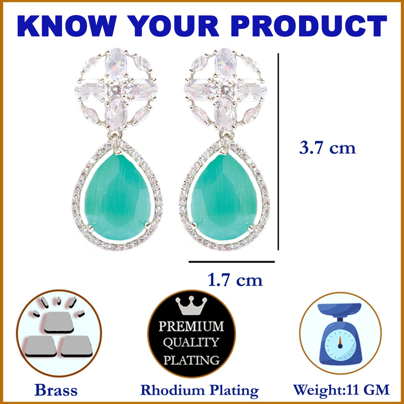 Rhodium-Plated Sea Green & White American Diamond studded Teardrop & Floral Shaped Drop Earrings