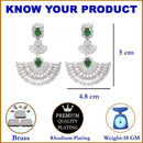 Rhodium-Plated Green & White American Diamond studded Leaf Shaped Drop Earrings