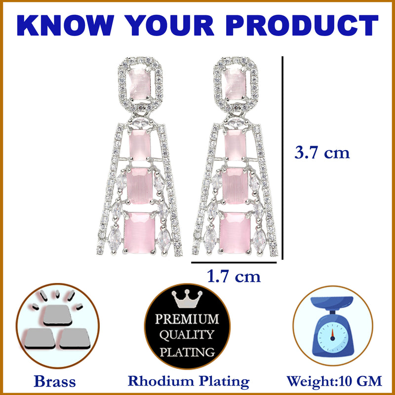 Rhodium-Plated Pink American Diamond studded Contemporary Drop Earrings