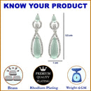 Rhodium Plated Teardrop Sea Green AD Studded Contemporary Drop Earrings