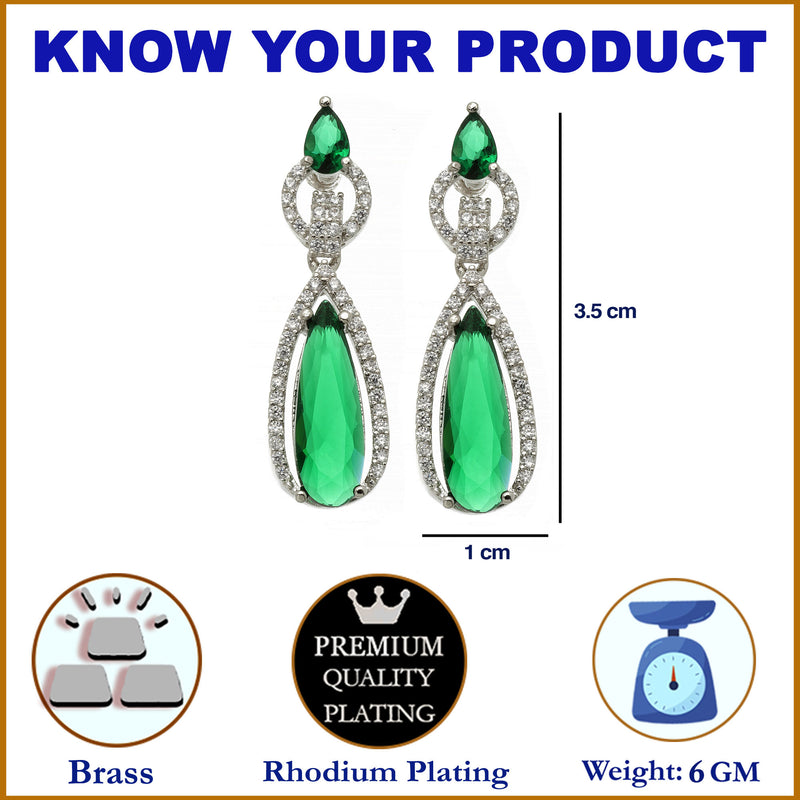 Rhodium-Plated Green American Diamond studded Handcrafted Long Teardrop Shaped Drop Earrings