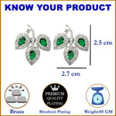 Rhodium-Plated with Silver-Toned Green American Diamond Leaf Shaped Studs Earrings