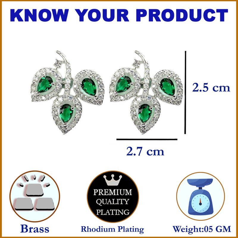 Rhodium-Plated with Silver-Toned Green American Diamond Leaf Shaped Studs Earrings
