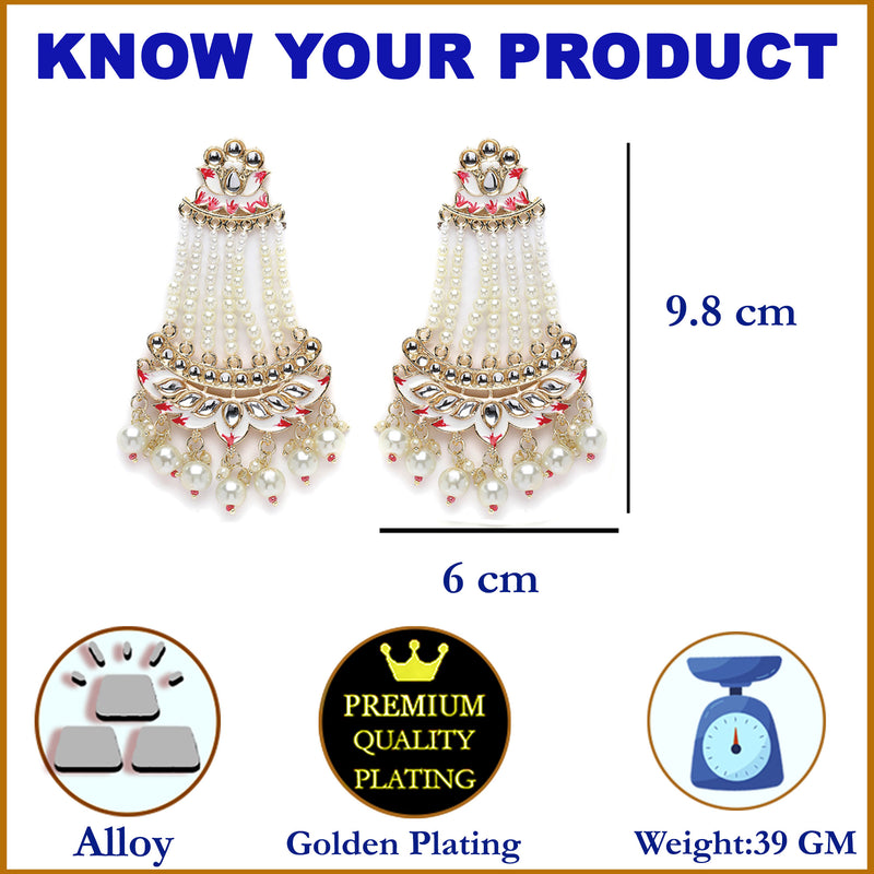 Gold-Plated White Pearls studded & White Enamelled Floral Shaped Drop Earrings