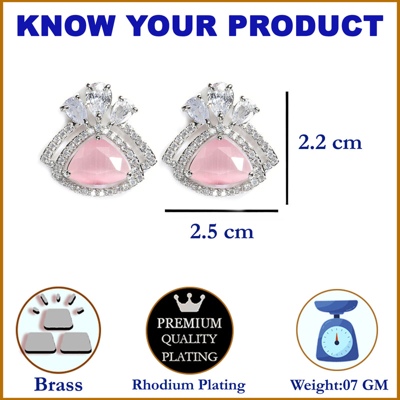 Pink American Diamond Triangular Shaped Rhodium-Plated with Silver-Tone Studs Earrings