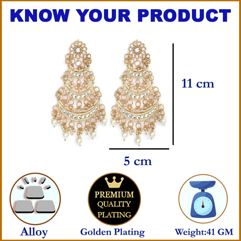 Gold-Plated Off White Kundan & Pearls Beaded Chandbalis Earrings